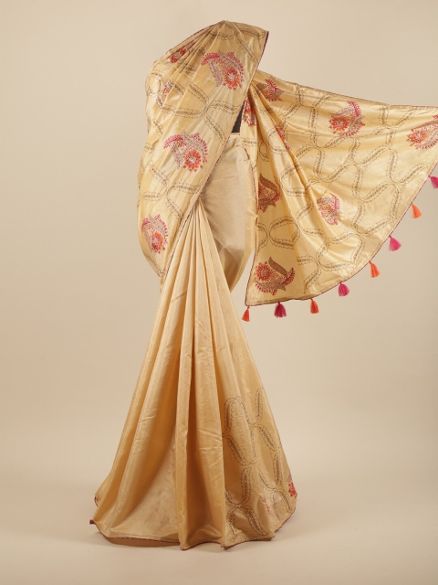 

Pothys Cream-Coloured Ethnic Motifs Sequinned Art Silk Saree With Tasseled Pallu