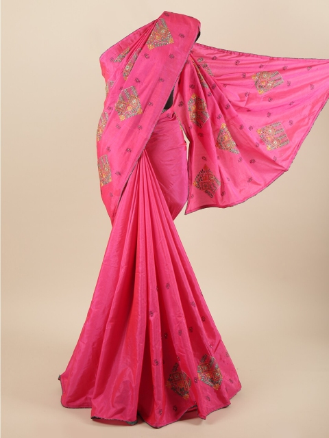 

Pothys Pink & Sea Green Ethnic Motifs Sequinned Art Silk Saree