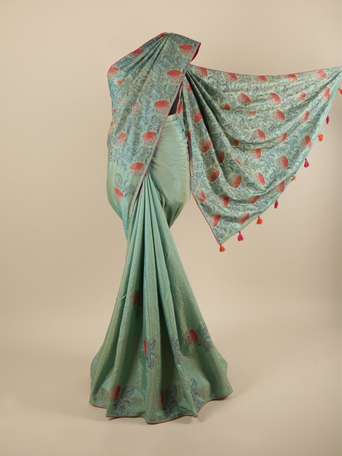 

Pothys Turquoise Blue Ethnic Motifs Sequinned Art Silk Saree With Tasseled Pallu