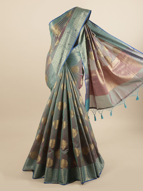 

Pothys Turquoise Blue & Gold Ethnic Motifs Mirror Work Saree With Tasseled Pallu