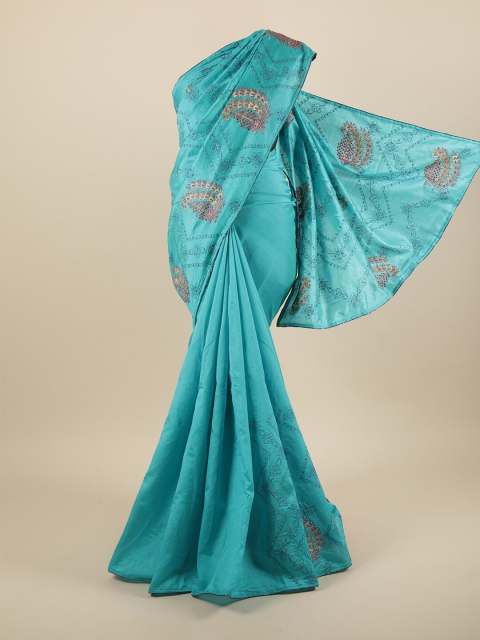 

Pothys Turquoise Blue Ethnic Motifs Sequinned Art Silk Saree