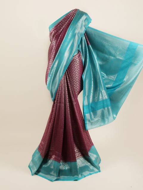 

Pothys Burgundy & Silver Ethnic Motifs Zari Pure Silk Banarasi Saree