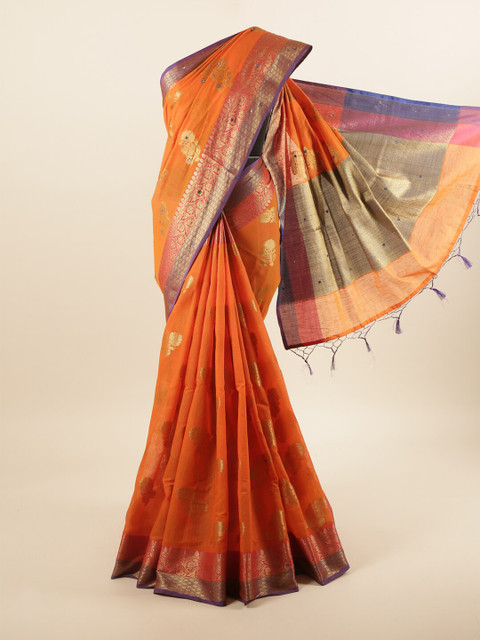 

Pothys Orange & Gold-Toned Floral Zari Saree