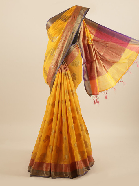 

Pothys Yellow & Blue Floral Zari Saree