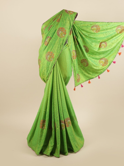 

Pothys Green & Red Floral Beads and Stones Art Silk Saree