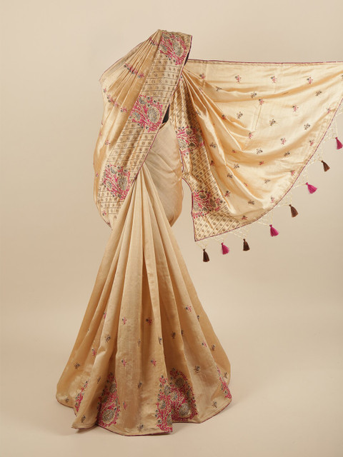 

Pothys Cream-Coloured & Pink Floral Beads and Stones Art Silk Saree