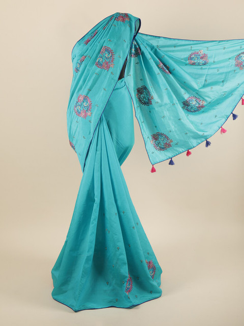 

Pothys Blue & Pink Floral Beads and Stones Art Silk Saree
