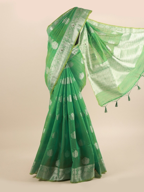 

Pothys Green & Silver-Toned Floral Beads and Stones Saree