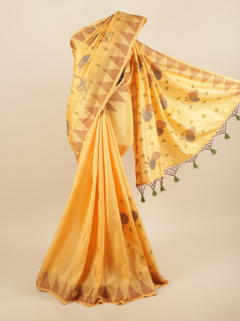 

Pothys Yellow & Silver-Toned Floral Beads and Stones Art Silk Saree