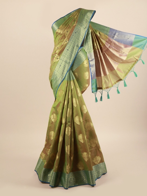 

Pothys Green & Gold-Toned Floral Beads and Stones Saree