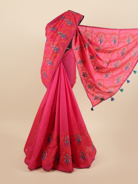 

Pothys Pink & Orange Floral Embroidered Art Silk Saree