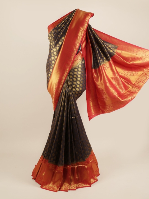 

Pothys Navy Blue & Orange Ethnic Motifs Zari Pure Silk Saree