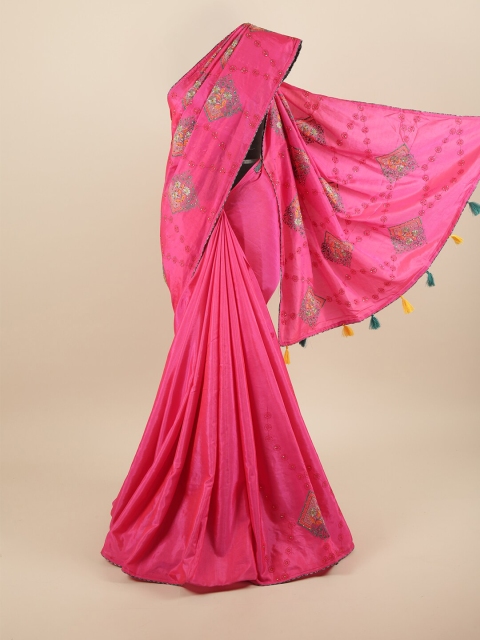 

Pothys Pink & Blue Floral Beads and Stones Art Silk Saree
