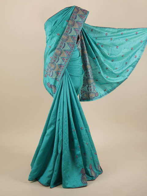 

Pothys Turquoise Blue & Pink Ethnic Motifs Beads and Stones Art Silk Saree