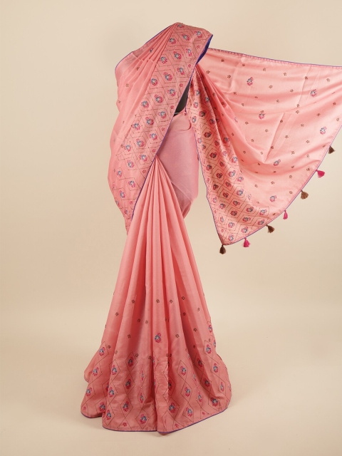 

Pothys Peach-Coloured & Blue Floral Embroidered Art Silk Saree