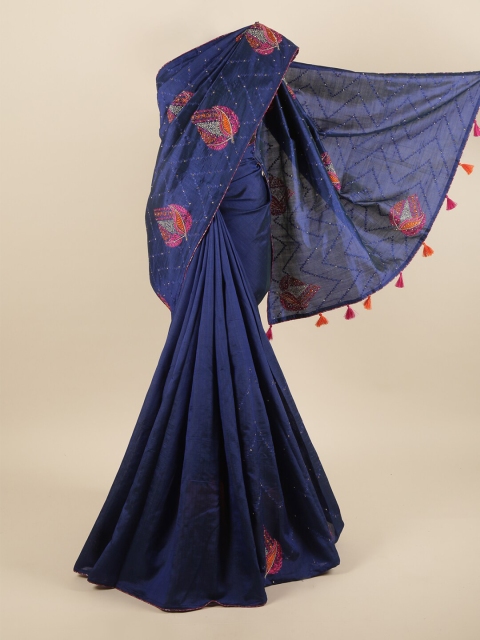 

Pothys Navy Blue & Pink Floral Beads and Stones Art Silk Saree