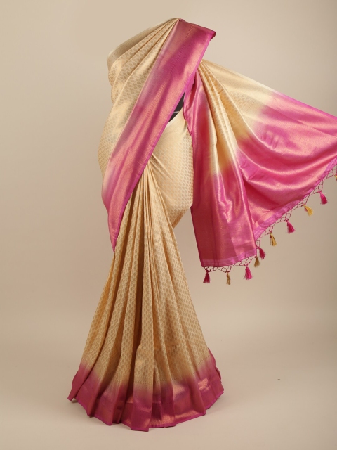 

Pothys Cream-Coloured & Fuchsia Paisley Zari Pure Silk Saree