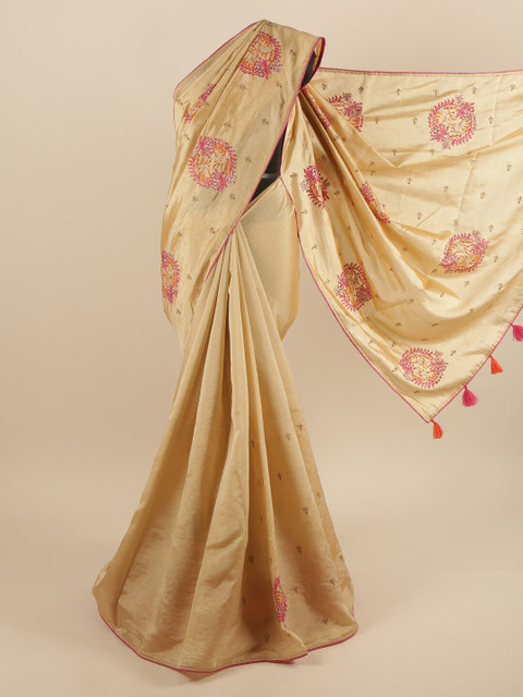 

Pothys Cream-Coloured & Pink Ethnic Motifs Beads and Stones Art Silk Saree