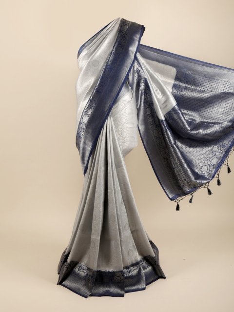 

Pothys Silver-Toned & Navy Blue Ethnic Motifs Zari Pure Silk Saree