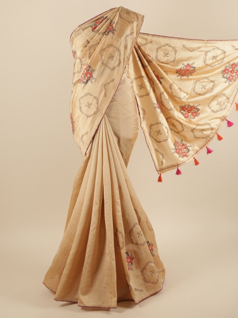 

Pothys Cream-Coloured & Brown Floral Beads and Stones Art Silk Saree