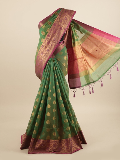 

Pothys Green & Fuchsia Floral Beads and Stones Saree