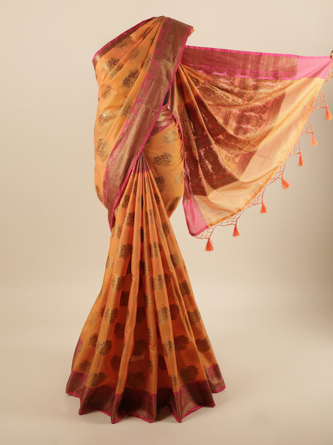 

Pothys Mustard & Pink Floral Beads and Stones Saree