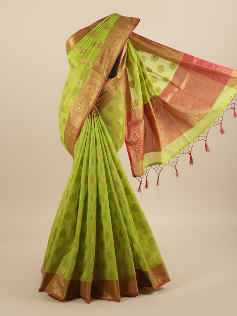 

Pothys Green & Red Floral Mirror Work Saree