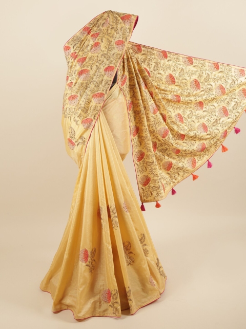 

Pothys Cream-Coloured & Red Floral Beads and Stones Art Silk Saree