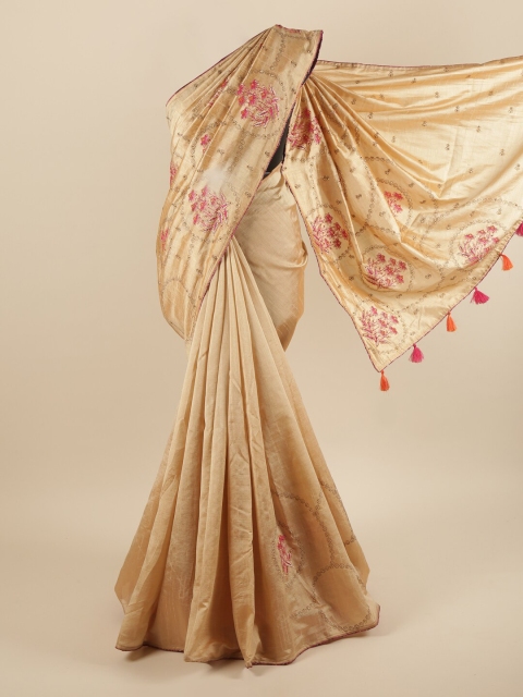 

Pothys Cream-Coloured & Pink Floral Embroidered Art Silk Saree