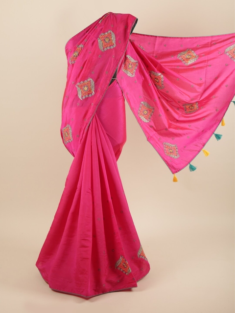 

Pothys Pink & Silver-Toned Embellished Embroidered Art Silk Saree