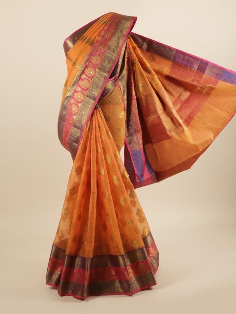 

Pothys Orange & Gold-Toned Woven Design Zari Saree
