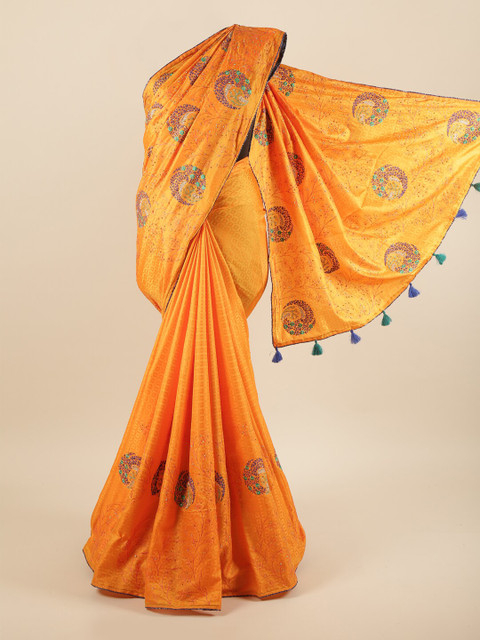 

Pothys Yellow & Purple Floral Beads and Stones Art Silk Saree