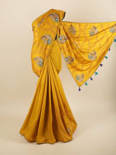 

Pothys Mustard & Purple Floral Beads and Stones Art Silk Saree