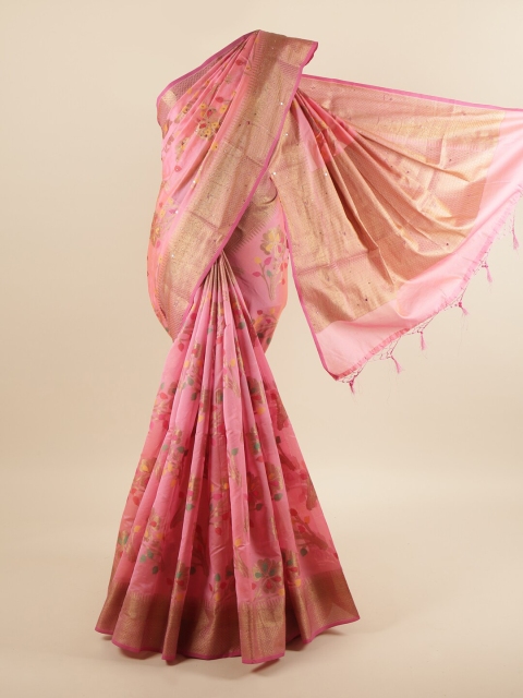 

Pothys Pink & Yellow Floral Beads and Stones Saree