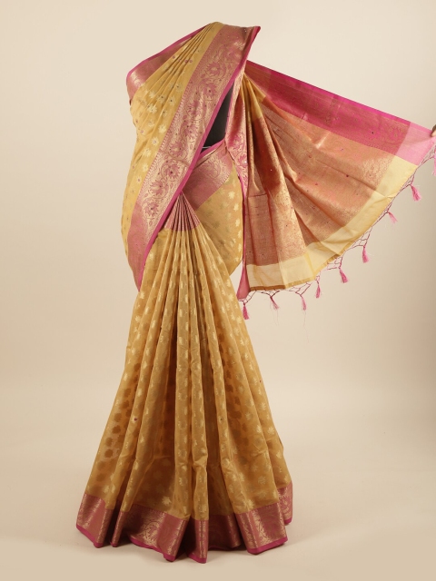 

Pothys Gold-Toned & Pink Floral Mirror Work Saree