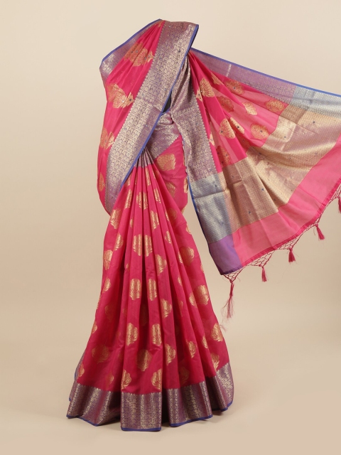 

Pothys Pink & Blue Floral Mirror Work Saree