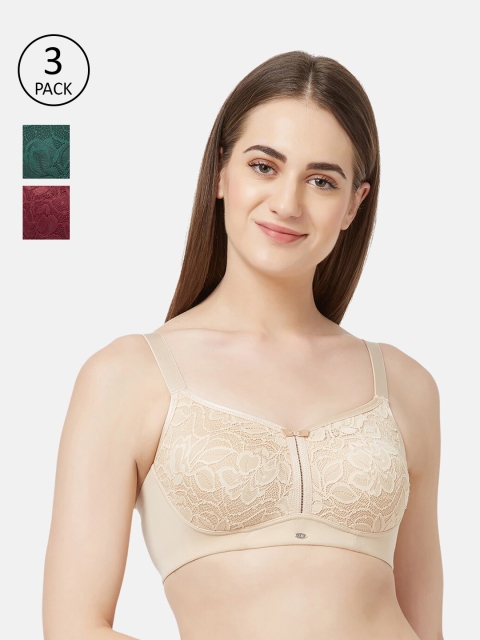 

Soie Pack of 3 Non Wired Full Coverage Lace Everyday Bra, Maroon