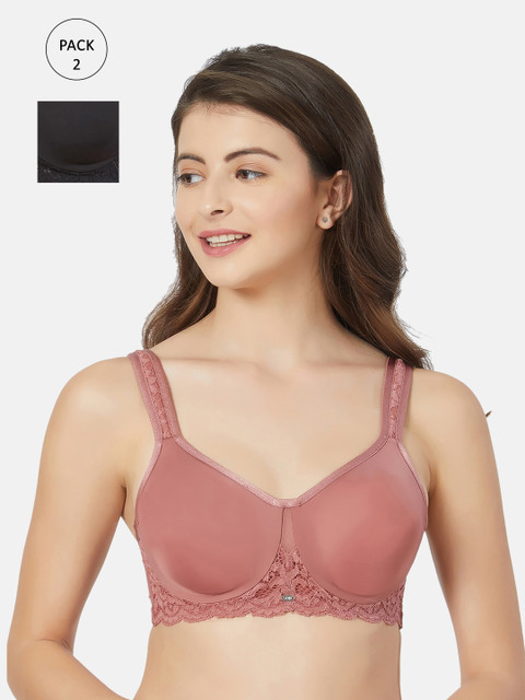 

Soie Pack Of 2 Black & Coral Non-Padded Wired Lace Bra