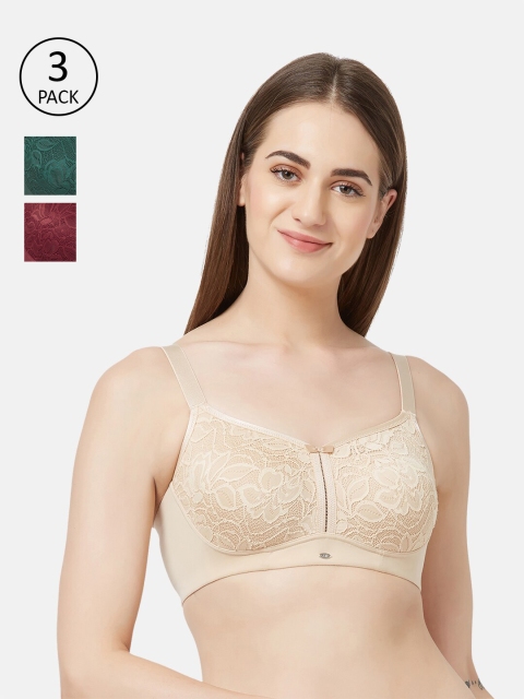 

Soie Set of 3 Maroon & Beige Floral Self-Design Everyday Bras