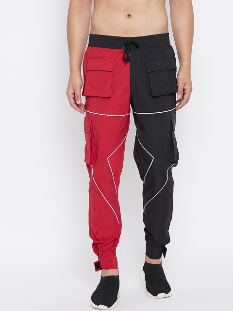 

FUGAZEE Men Black & Red Colourblocked Tapered-Fit Cargo Joggers