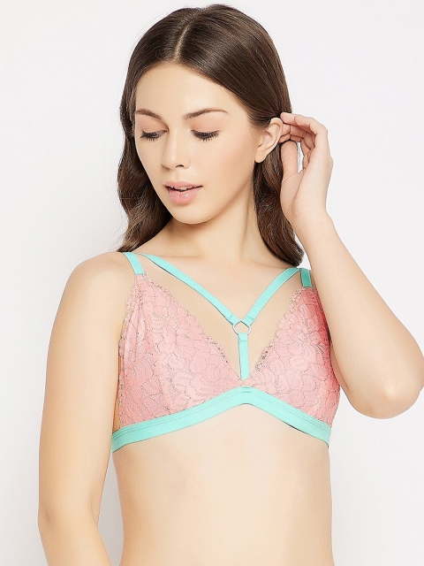 

Clovia Pink & Turquoise Blue Lace Cage Bralette - Non-Wired Non-Padded
