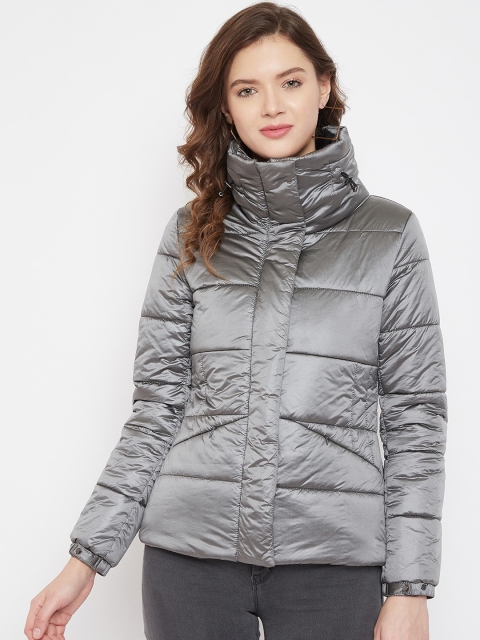 

Madame Women Grey Solid Windcheater Puffer Jacket