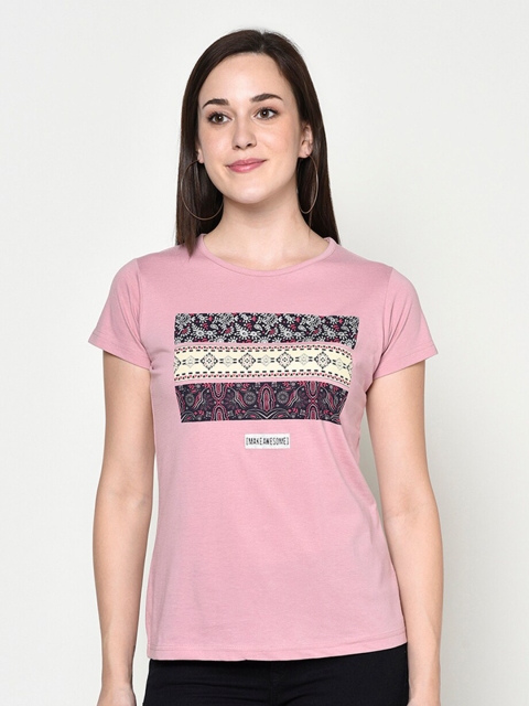 

FABNEST Women Pink & Maroon Printed T-shirt