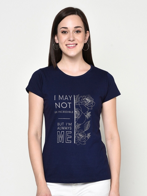 

FABNEST Women Navy Blue & Silver-Toned Typography Printed T-shirt