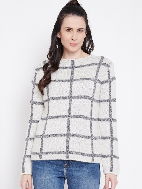 

Madame Women Off White & Grey Checked Pullover