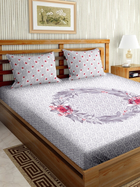 

BELLA CASA Grey & Red Floral 150 TC King Bedsheet with 2 Pillow Covers
