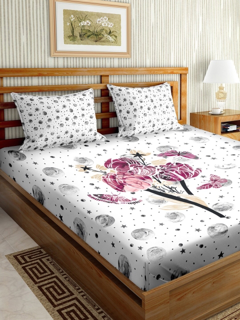

BELLA CASA Grey & Pink Floral 150 TC King Bedsheet with 2 Pillow Covers
