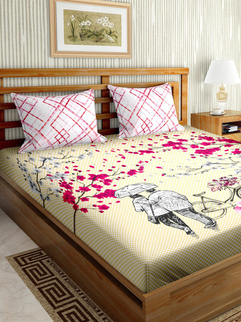 

BELLA CASA Yellow & Pink 150 TC King Bedsheet with 2 Pillow Covers