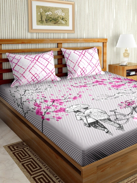 

BELLA CASA Grey & Pink 150 TC King Bedsheet with 2 Pillow Covers
