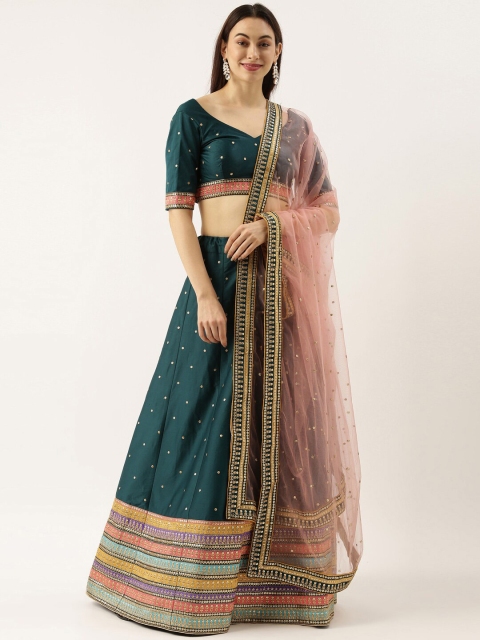 

panchhi Teal & Pink Embroidered Sequinned Semi-Stitched Lehenga & Unstitched Blouse With Dupatta